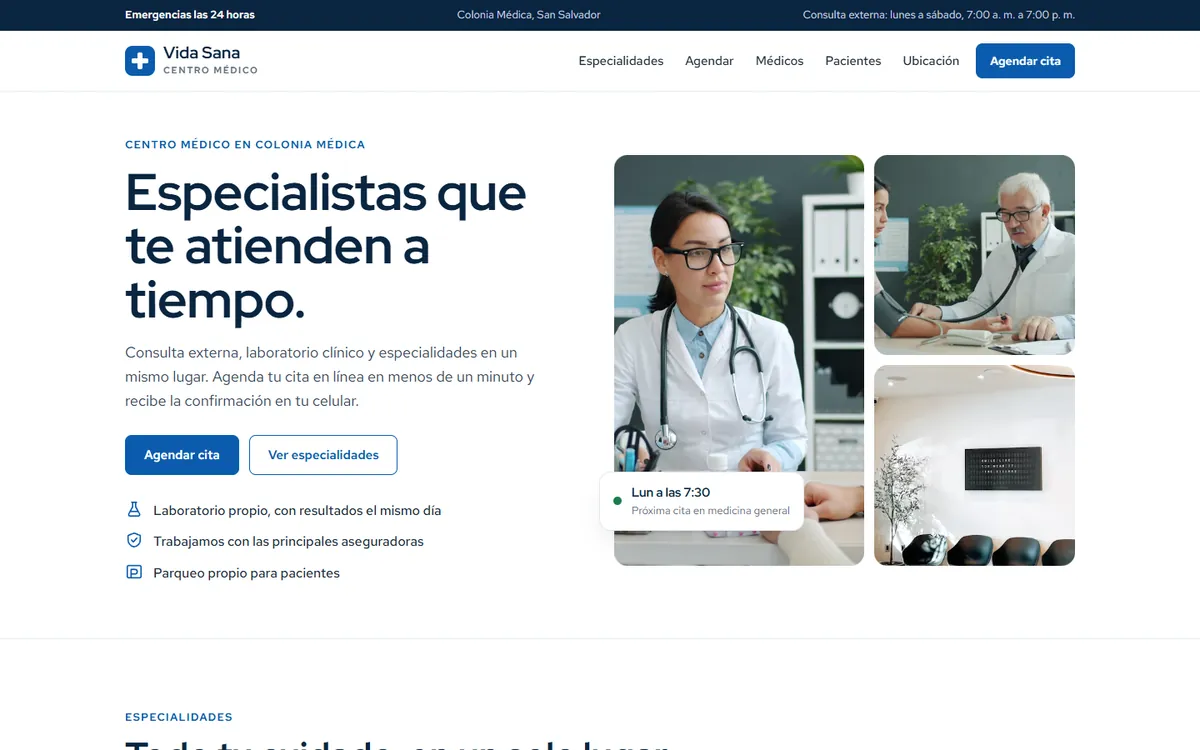 Página de una clínica con agenda de citas en línea paso a paso
