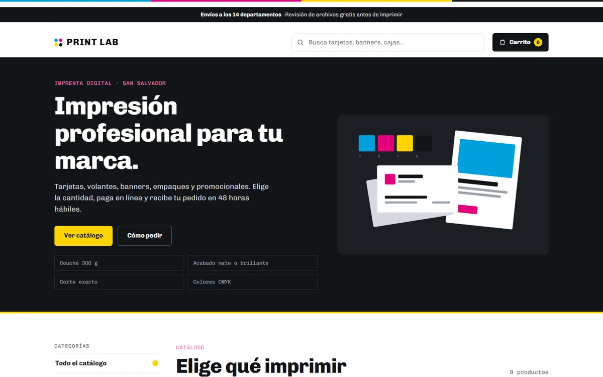 Tienda en línea de una imprenta con catálogo filtrable y carrito